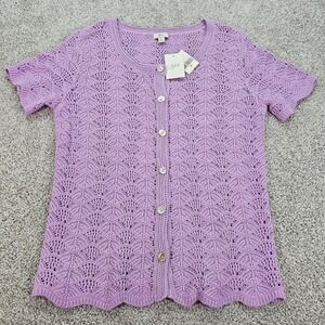 J Jill Lavender Crochet Knit Short Sleeve Button Up Cardigan Sweater Top M‎ NWT